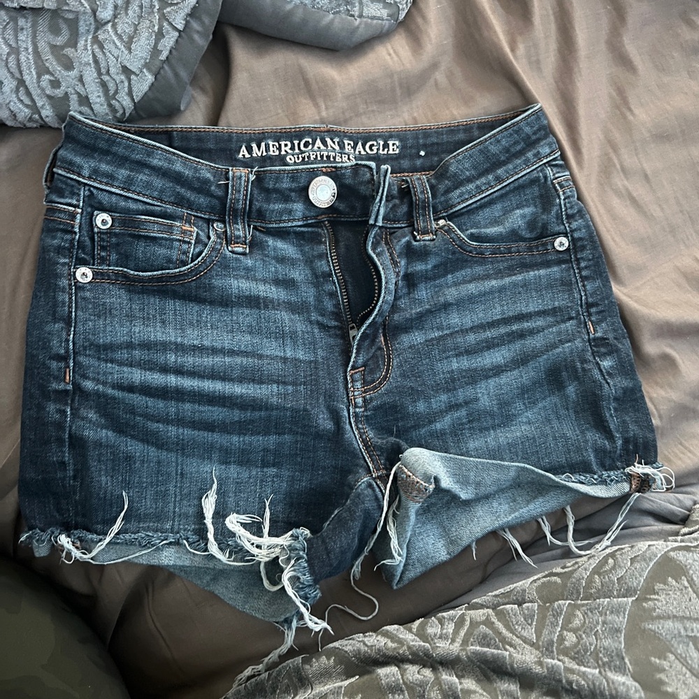 American Eagle Outfitters Women's Distressed Dark Blue Jean Shorts
